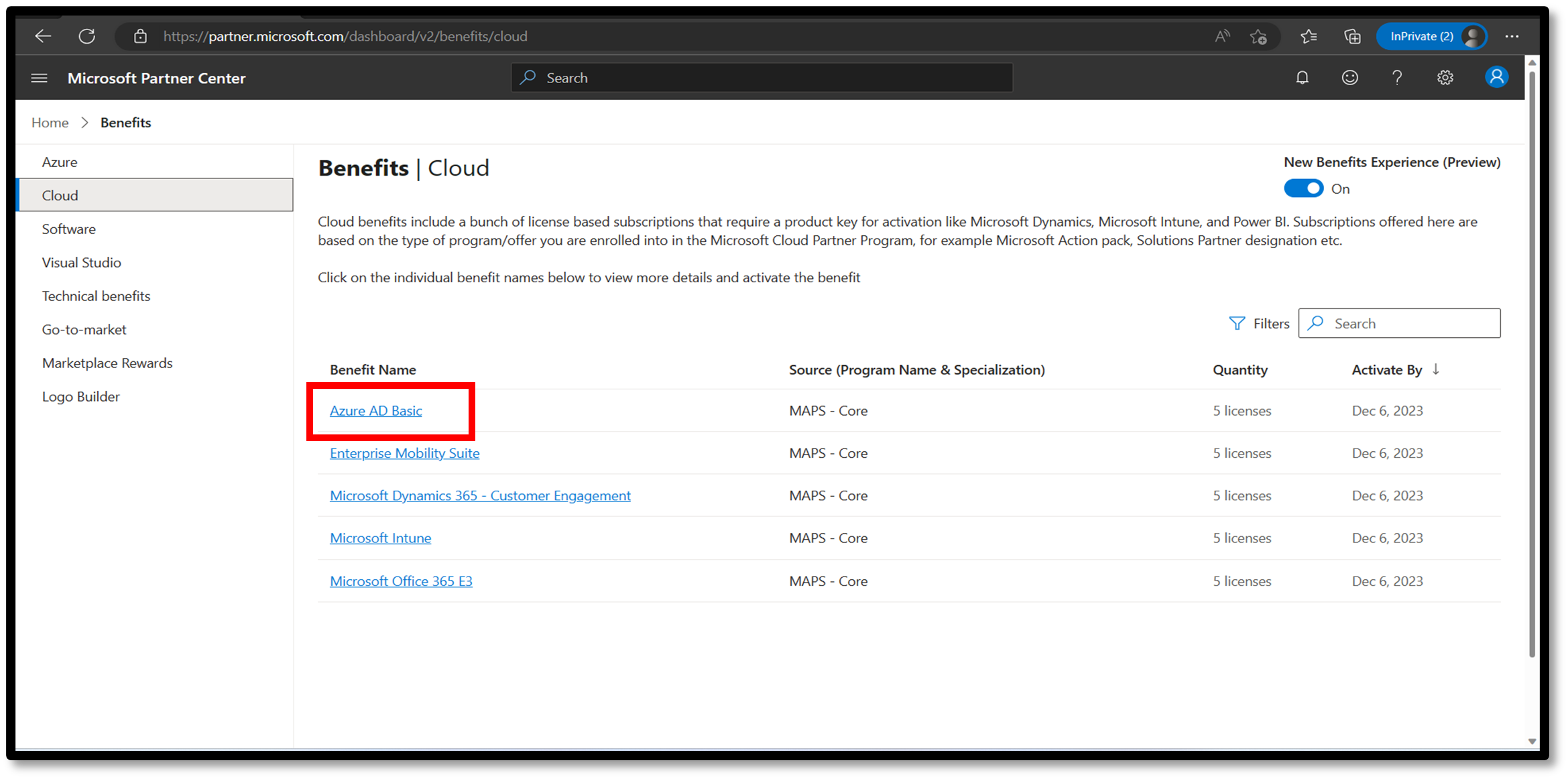 Screenshot of Cloud subscriptions page.