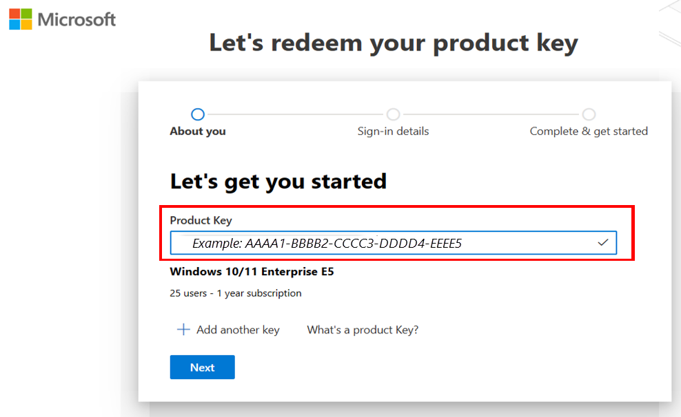 Screenshot of the screen: Let's redeem your product key.