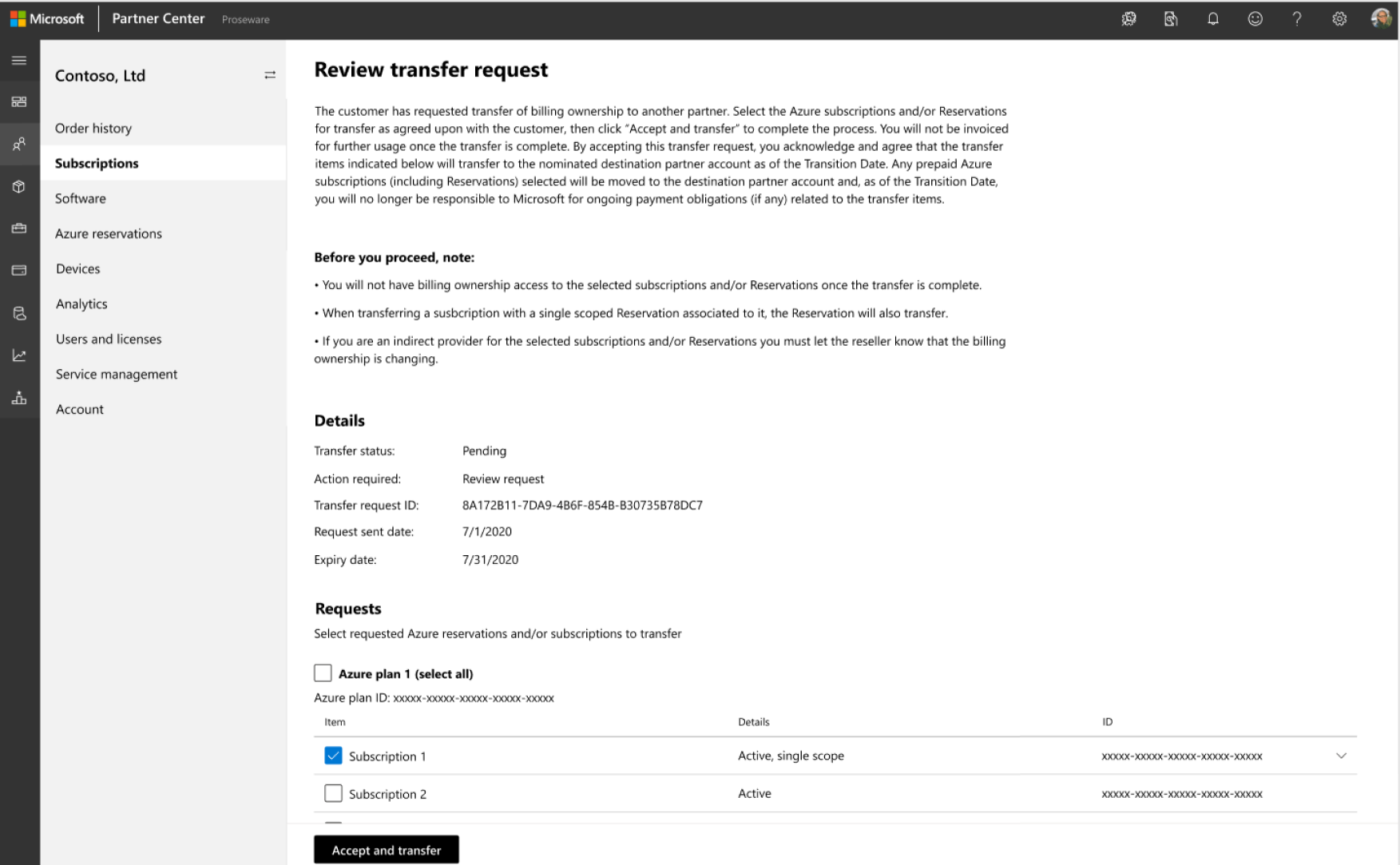 Screenshot that shows the Review transfer request screen.