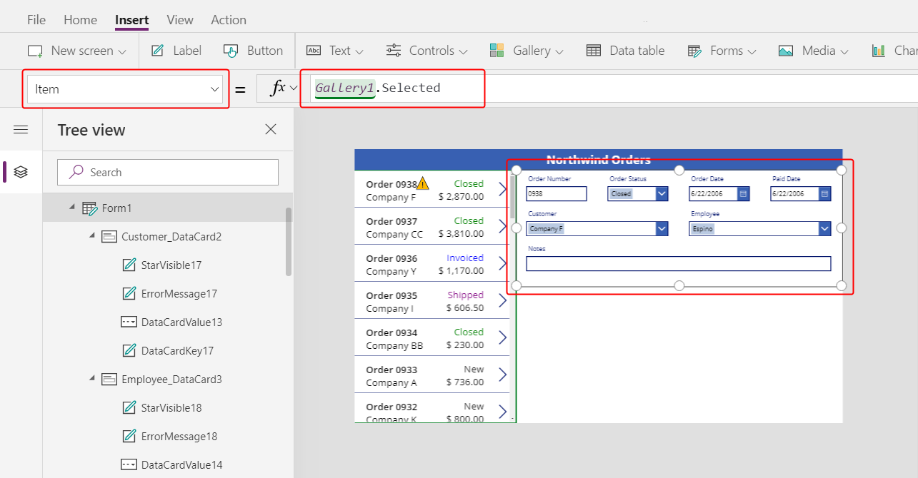 Задание свойства Item формы.