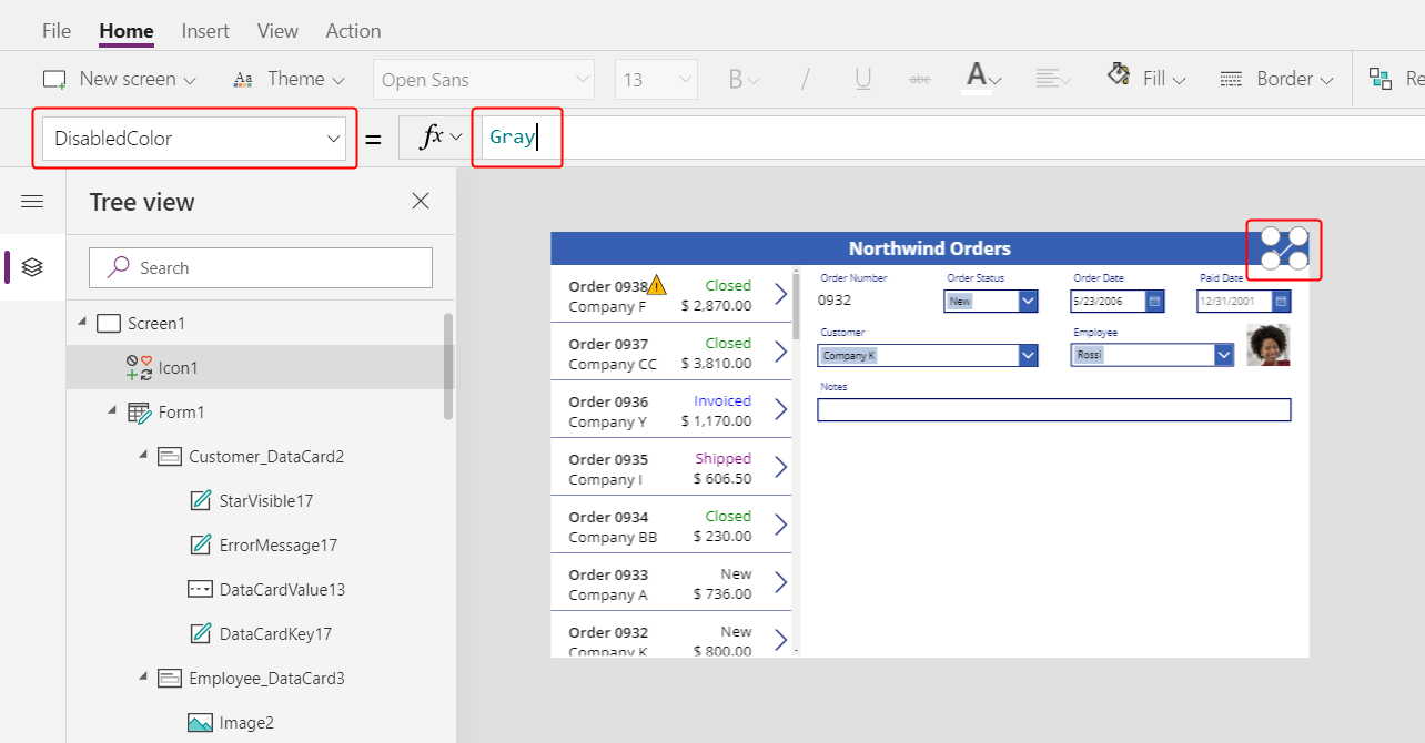 Задание свойства DisabledColor значка.