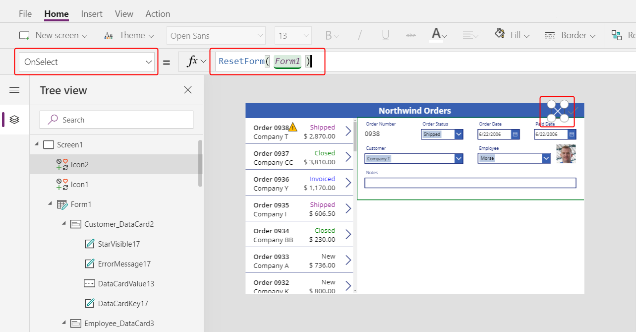 Задание свойства OnSelect значка отмены.