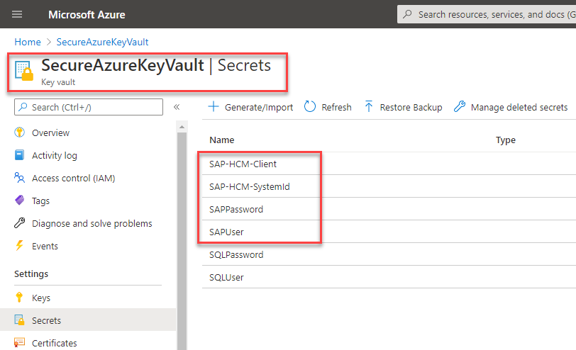 Снимок экрана Azure Key Vault со следующими секретами: SAP-HCM-Client, SAP-HCM-SystemId, SAPPassword и SAPUser.