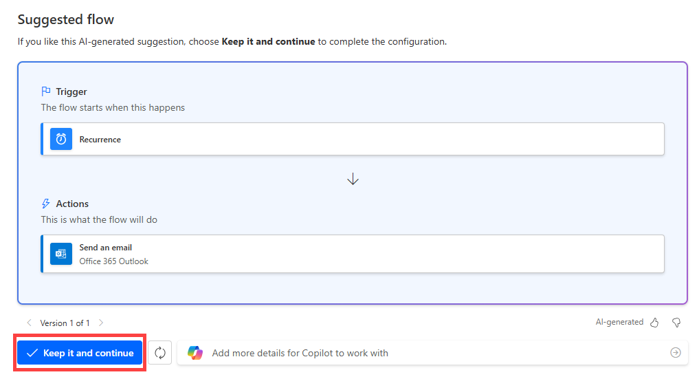 Screenshot of the Copilot interface showing the 'Keep it and continue' button.