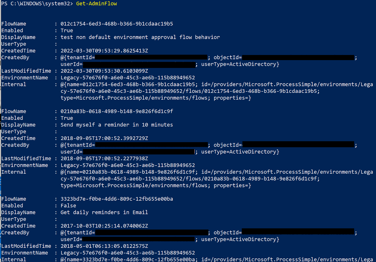 Снимок экрана, отображающий выходные данные Get-AdminFlow.
