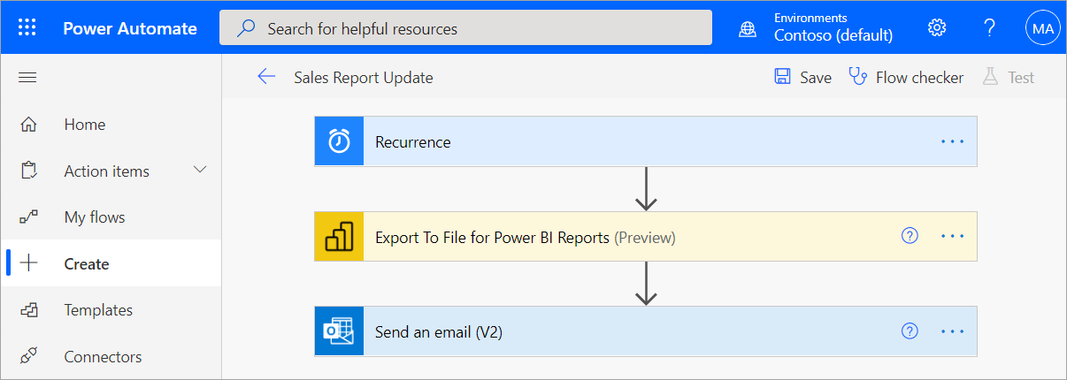 Screenshot of the Power BI Automate window showing create options.