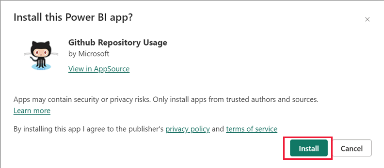 Снимок экрана: диалоговое окно установки для приложения-шаблона GitHub.