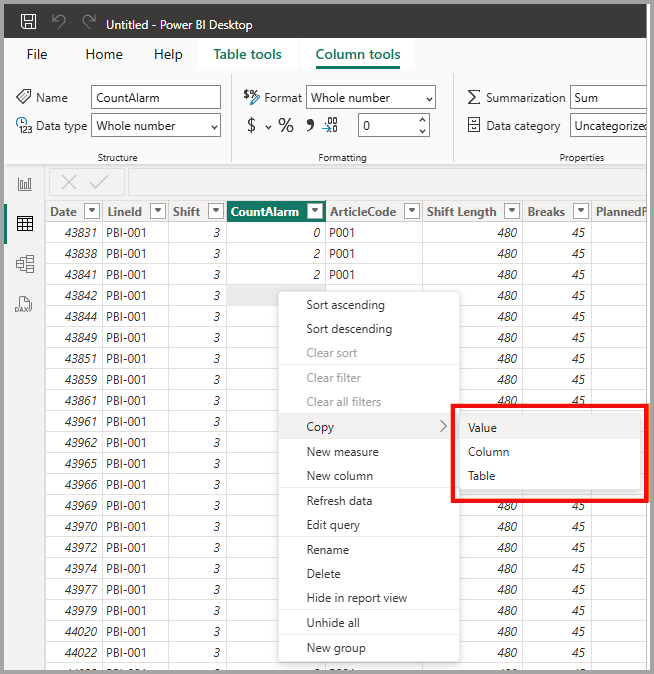 Снимок экрана меню копирования элементов таблицы.