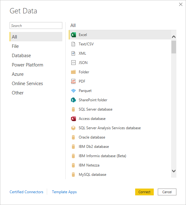 Screenshot shows the Get Data dialog with All and Excel selected.