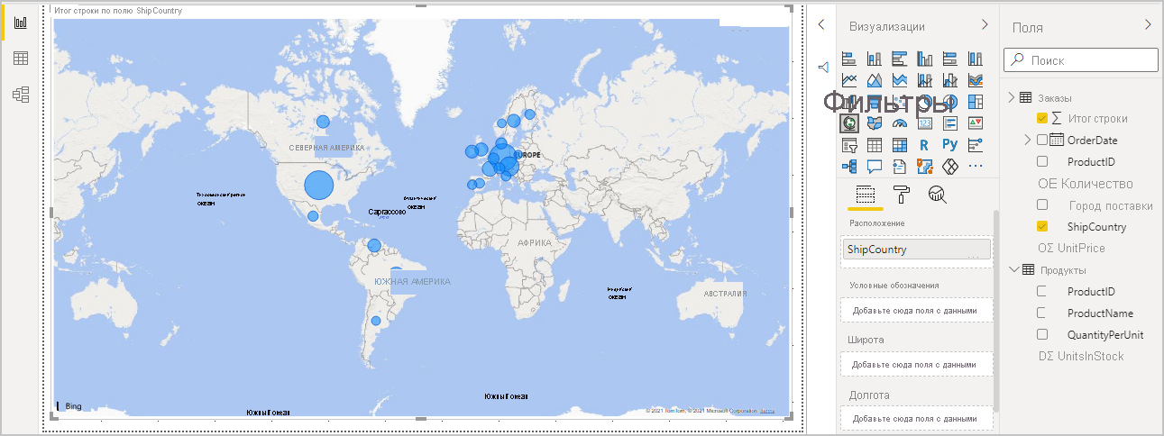 Screenshot that shows the LineTotals by ShipCountry map visualization.