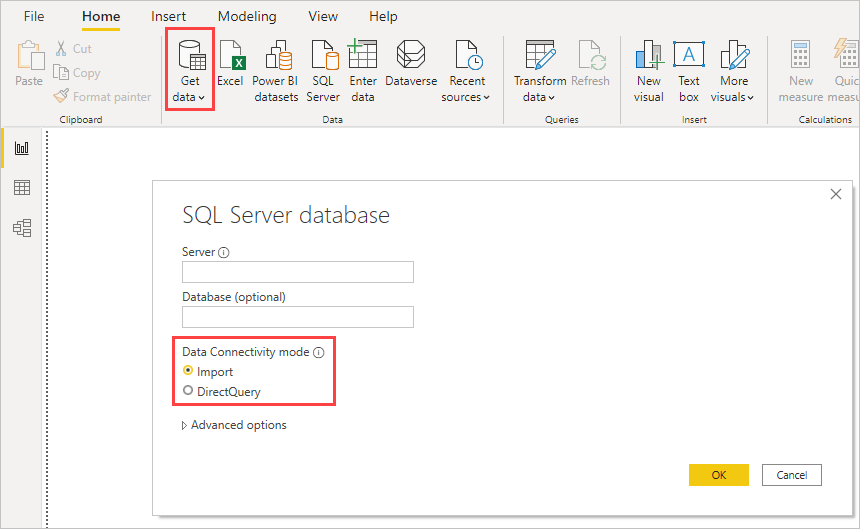 Параметры импорта и DirectQuery, диалоговое окно базы данных SQL Server, Power BI Desktop