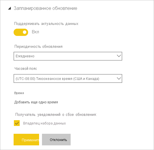 Screenshot of Power BI service's Scheduled refresh dialog.