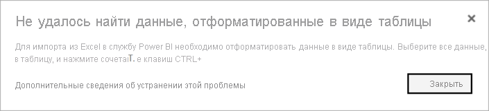 Screenshot shows dialog explaining that the Power BI service couldn't find data in workbook.