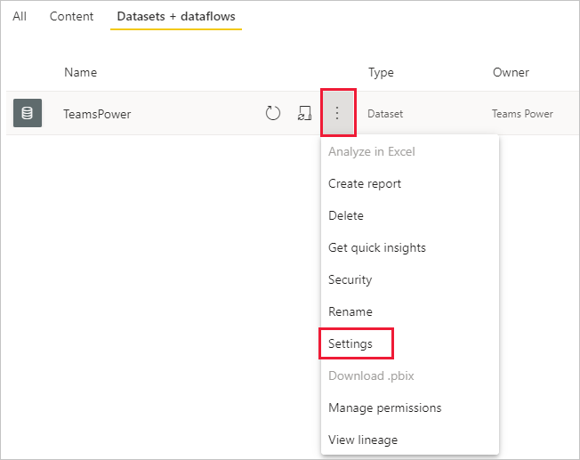 Screenshot of semantic models and dataflows in a workspace with more and settings highlighted.