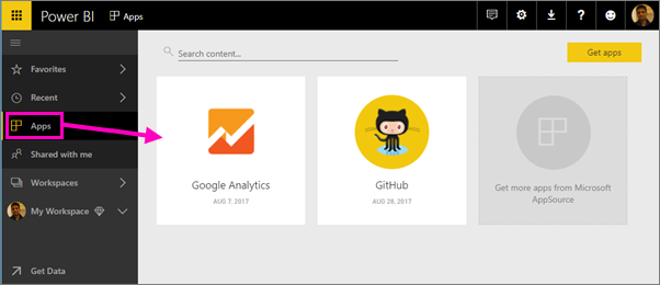 Screenshot shows the Power BI service with Apps selected in the navigation bar.