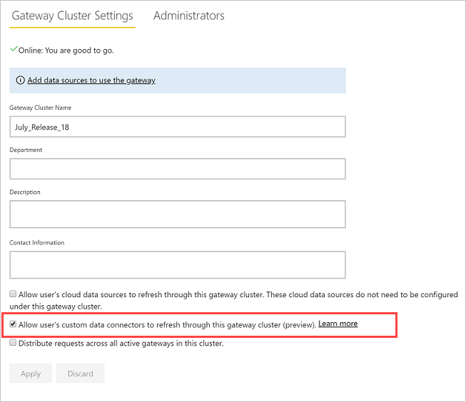 Screenshot that shows enabling custom connectors on the on-premises gateway Settings page.