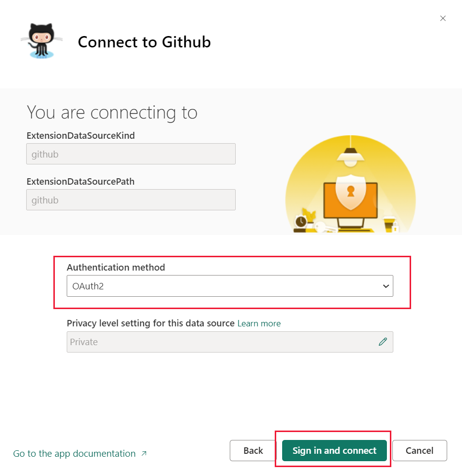 Screenshot of the connecting dialog with authentication method and sign-in and connect highlighted.