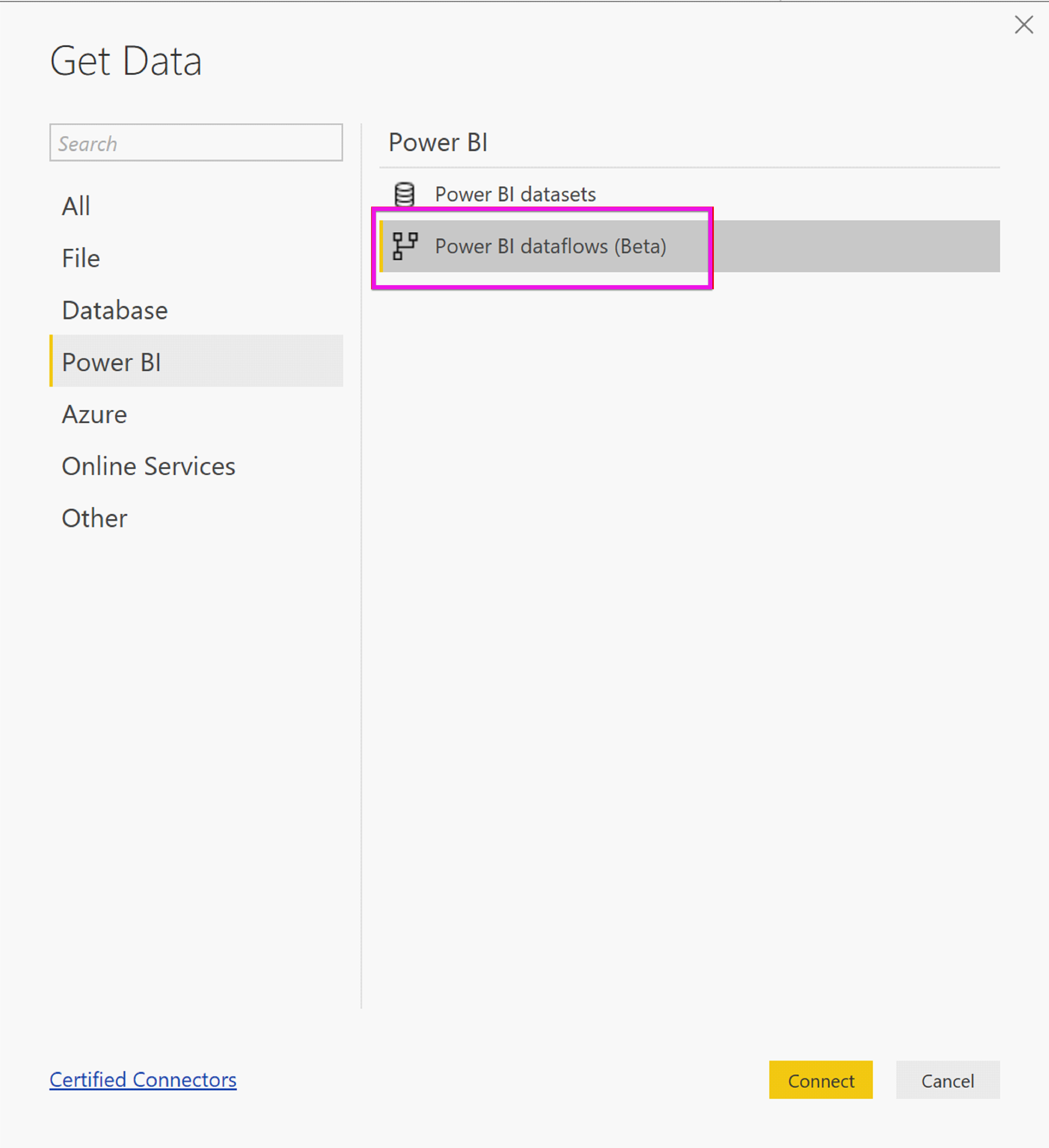 Screenshot shows the Get Data pane with Power BI dataflows selected.