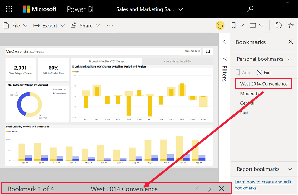 Обзор закладок в отчетах служба Power BI - Power BI | Microsoft Learn