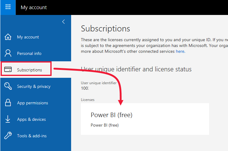 Office portal subscriptions tab