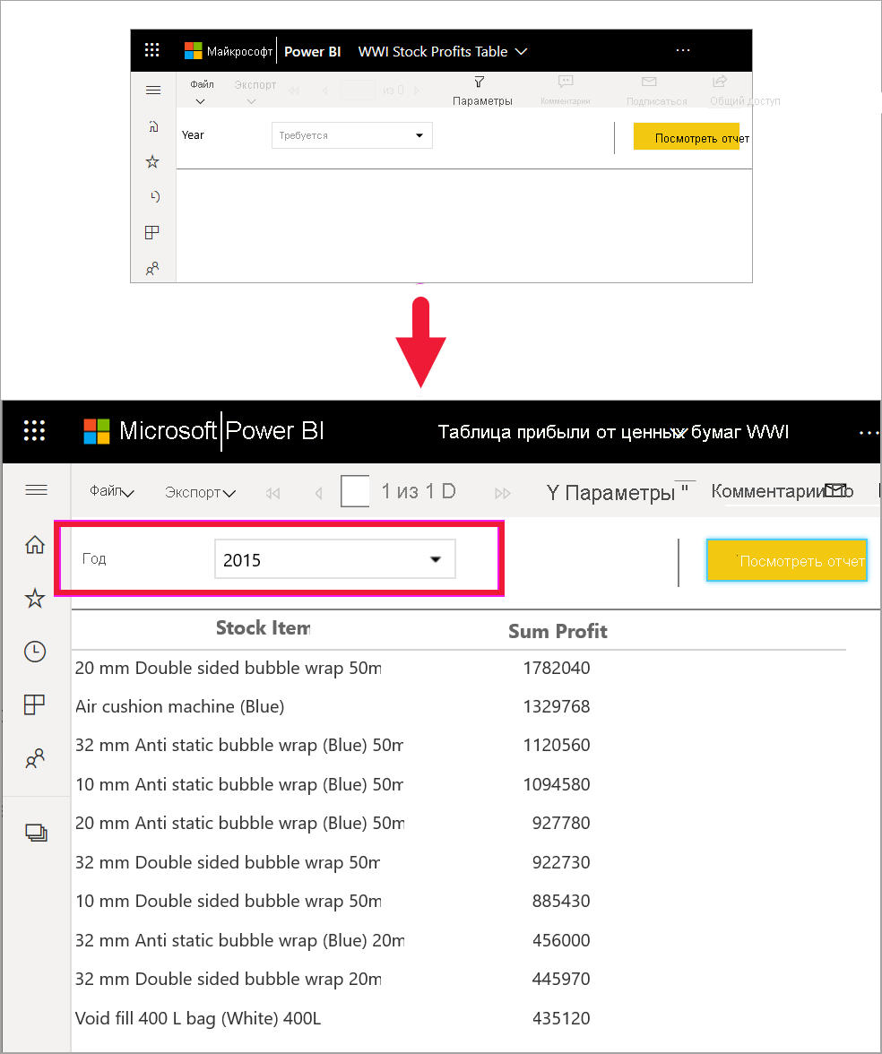 Screenshot showing a report with the year parameter selected.