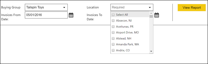 Screenshot showing the parameters for the report.