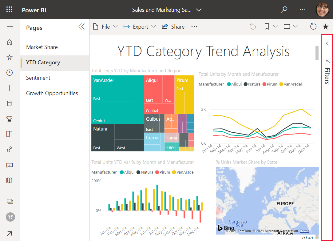 Screenshot of a report open in the Power BI service with the Filters pane selected.