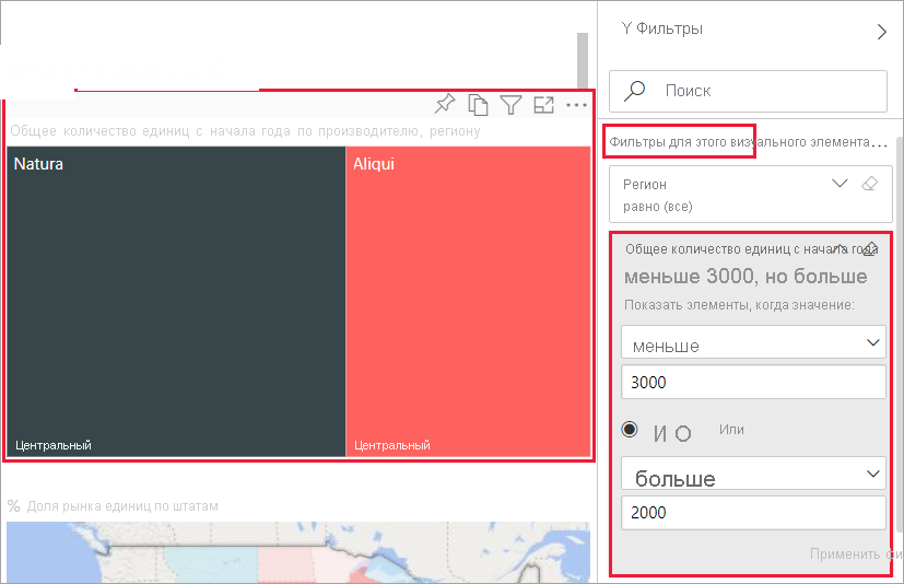 Screenshot of a report with the filter that shows the treemap visual selected.