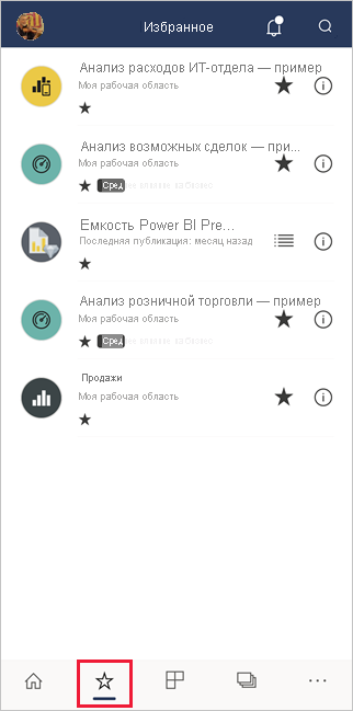 Favorites in the Power BI mobile apps