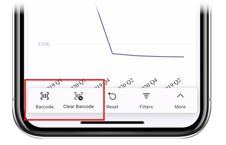 Снимок экрана: значок активного штрихкода на панели действий отчета, указывающий, что фильтр штрихкода активен.