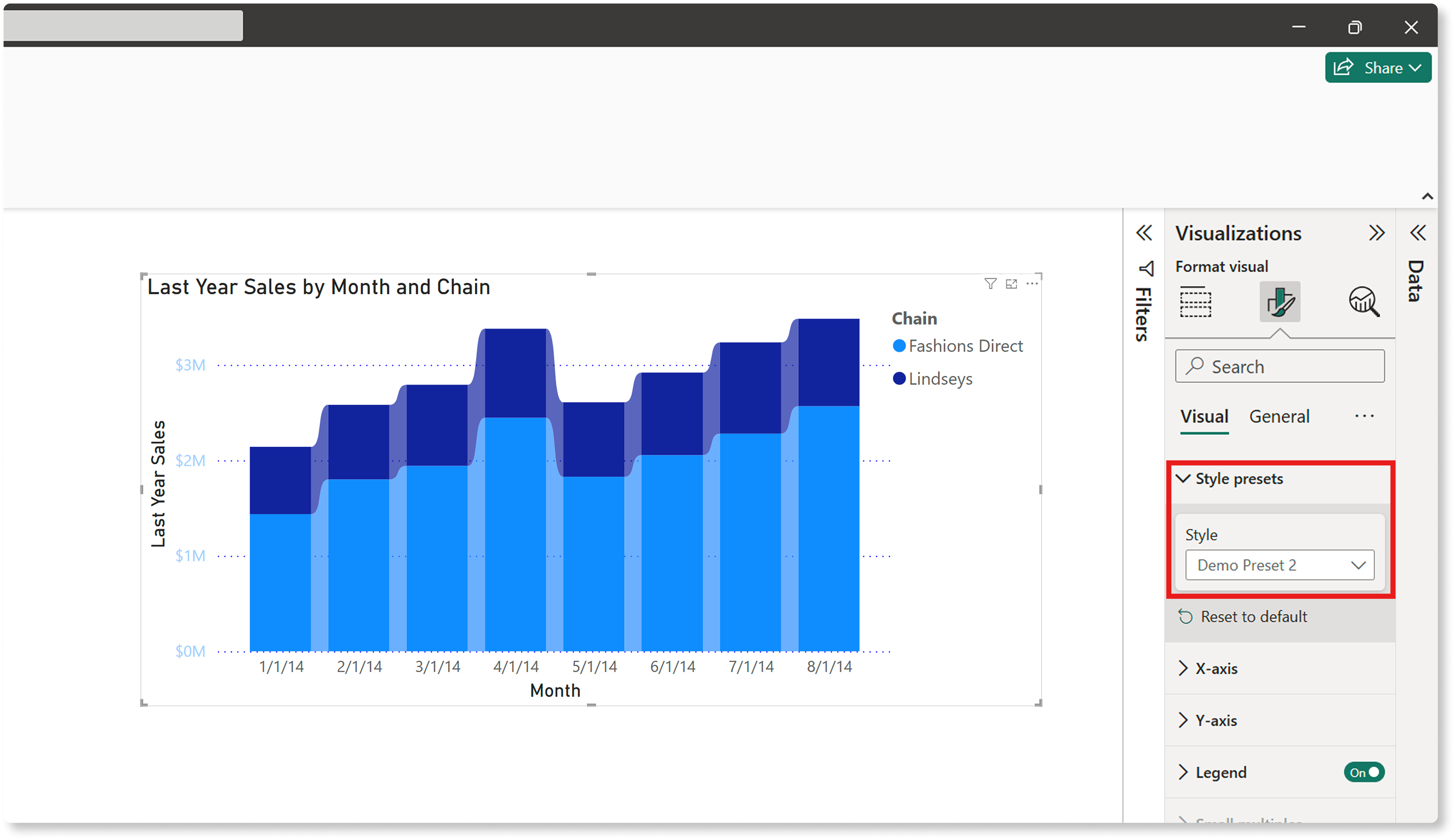 Снимок экрана: меню предустановок стилей, отображающее демонстрационную предустановку 2.