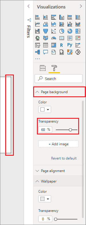 Screenshot of the Visualizations pane, highlighting the Canvas background settings for a dotted border with a transparency greater than 50%.