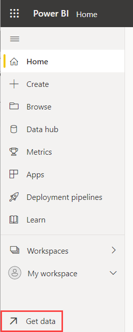 Screenshot that shows the Get Data link at the bottom of the navigation pane.