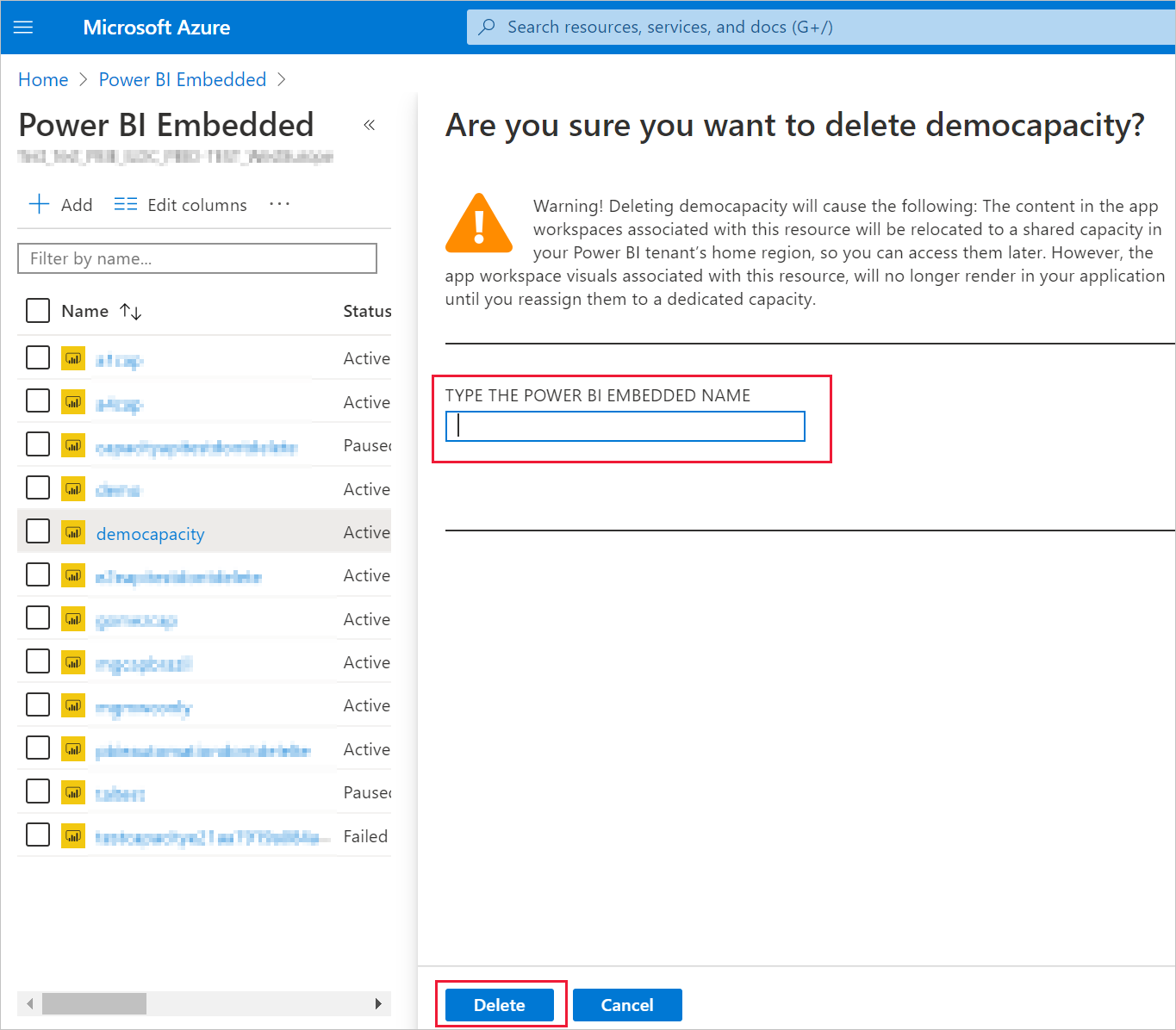 Снимок экрана: страница предупреждения об удалении емкости и подтверждения в портал Azure.