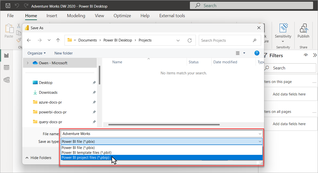 Снимок экрана, показывающий сохранение файла в качестве проекта Power BI