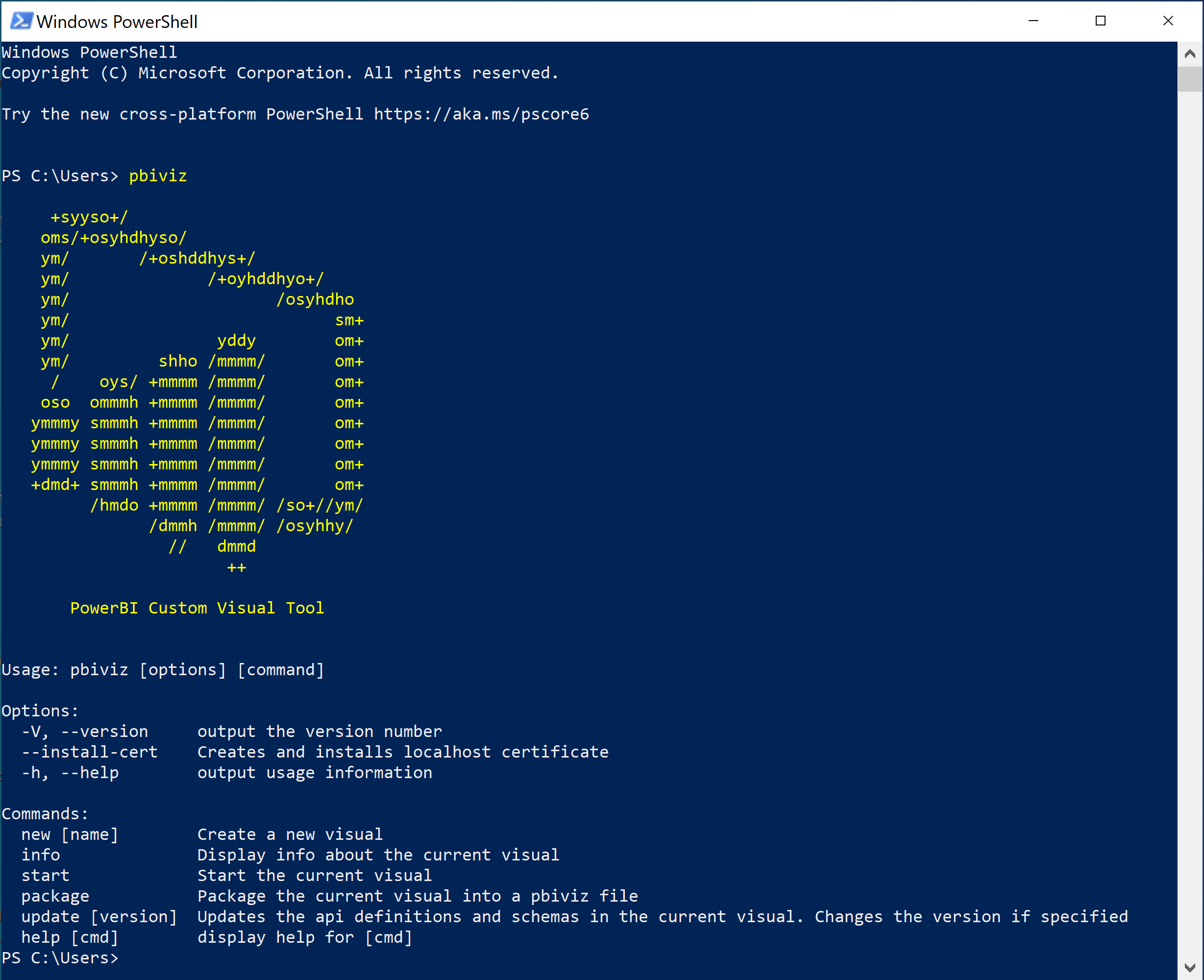 Screenshot of the output of executing the command p b i viz in PowerShell.
