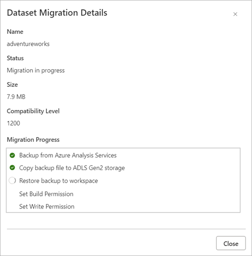 Dataset migration details showing progress.