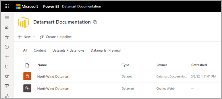 Снимок экрана: поиск существующего объекта datamart из всех элементов.