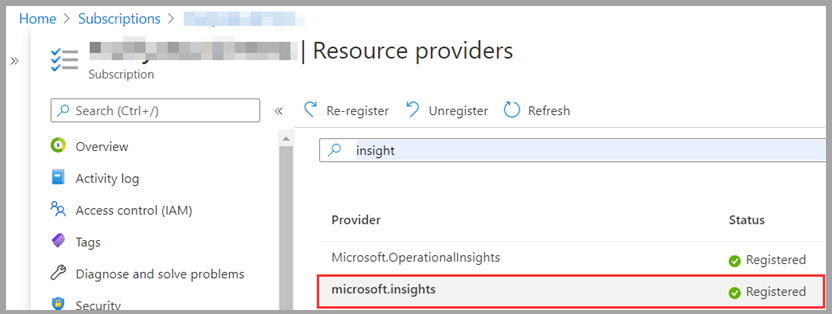 Снимок экрана: поставщики ресурсов на главной панели с помощью Microsoft.insights зарегистрированы.