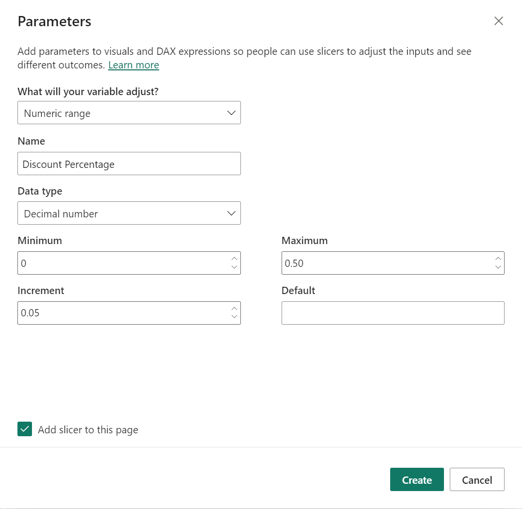 Screenshot of the Parameters dialog box with the example data filled out in the fields.