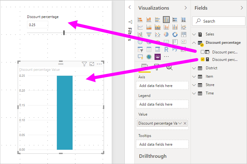 Screenshot of the parameter measure and visual highlighted in Power BI Desktop.