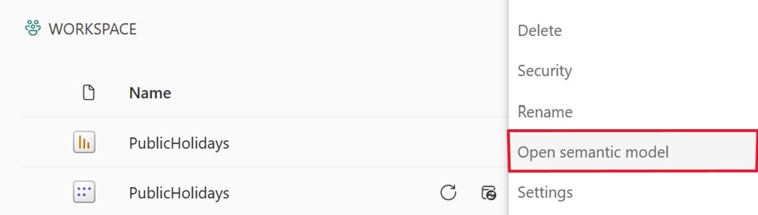 Снимок экрана: открытие модели данных из меню дополнительных параметров.