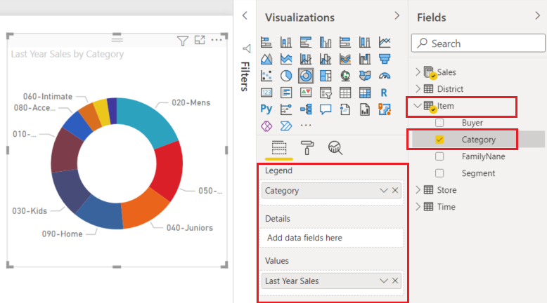 Screenshot that shows a doughnut chart next to the Data pane.