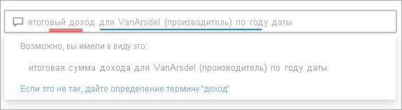 Screenshot of the Q&A question field with suggested terms from the semantic model underlined in blue and corresponding suggested questions from Power BI.