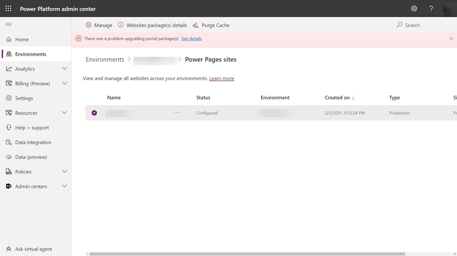 Уведомление об ошибках обновления пакета.
