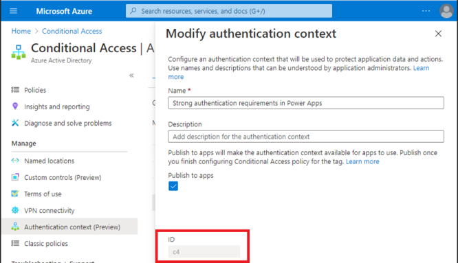 Идентификатор контекста аутентификации на портале Azure