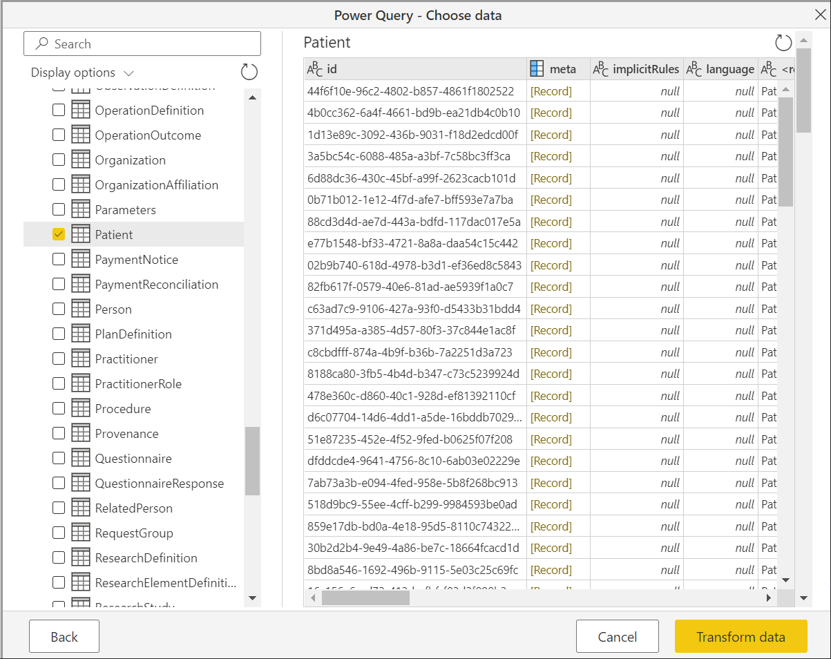 Screenshot of the Navigator with the FHIR Patient box filled in, and the patient records shown on the right hand side.