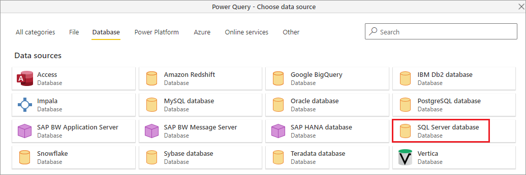 Выберите базу данных SQL Server в категории 