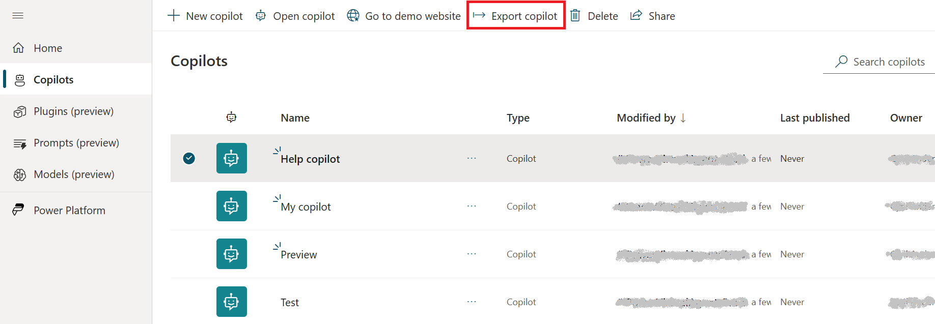 Снимок экрана списка экспорта помощников.