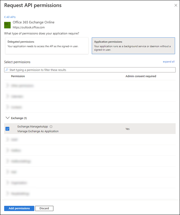 Найдите и выберите Exchange.ManageAsApp permissions (Разрешения приложения) на вкладке Разрешения приложения.